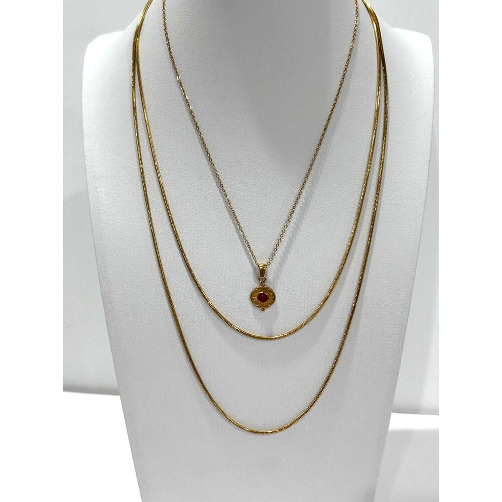 Tarnish Resistant Multilayer 2 Necklaces Adjustable Gold Red Natural Stone Charm